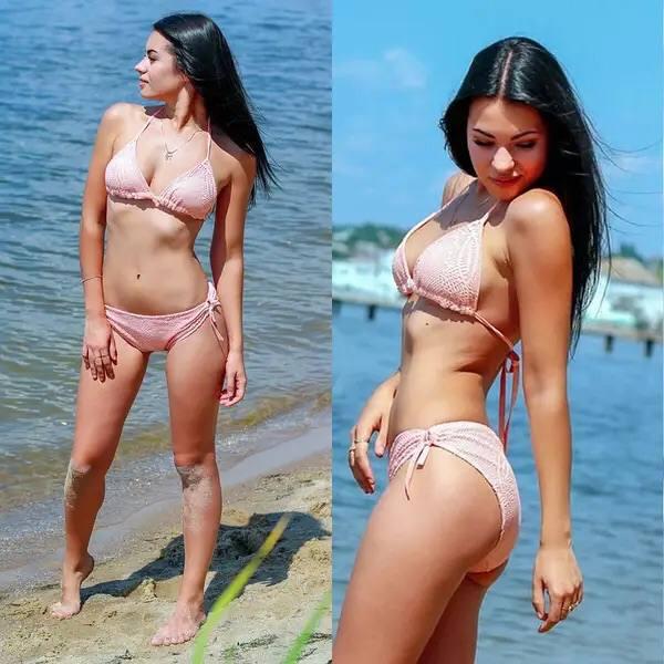 Ефектний рожевий в'язаний купальник жіночий, фото 1