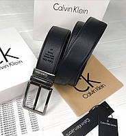 Кожаный ремень мужской двухсторонний Calvin Klein брендовый из натуральной кожи черный в подарочной упаковке