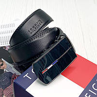 Кожаный мужской ремень с автоматической пряжкой TH качественный черный пояс универсальный в упаковке