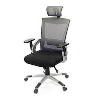 Кресло офисное на колесах с подлокотником и подголовником Прима PL HR ANF Серое компьютерное из ткани до 120кг