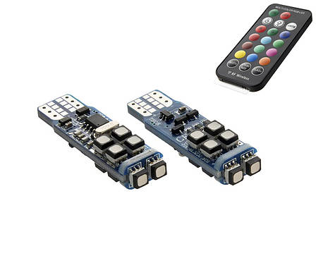 Світлодіодні лампи T10 W5W з пультом RGB різнокольорові 12V 3528 10LED, стробоскоп (з пам'яттю), фото 1