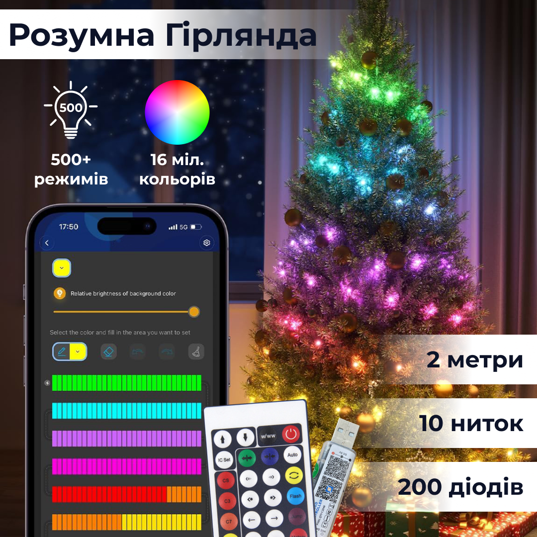 Розумна гірлянда GarlandoPro 1733041ML 200 LED 2 m Multicolor смарт гірлянда, фото 1