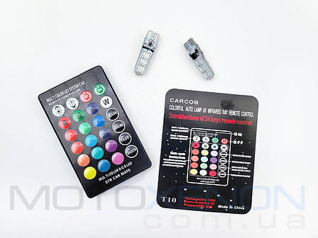 Світлодіодні лампи T10 W5W з пультом RGB різнокольорові 12V 5050 6LED, стробоскоп, фото 1
