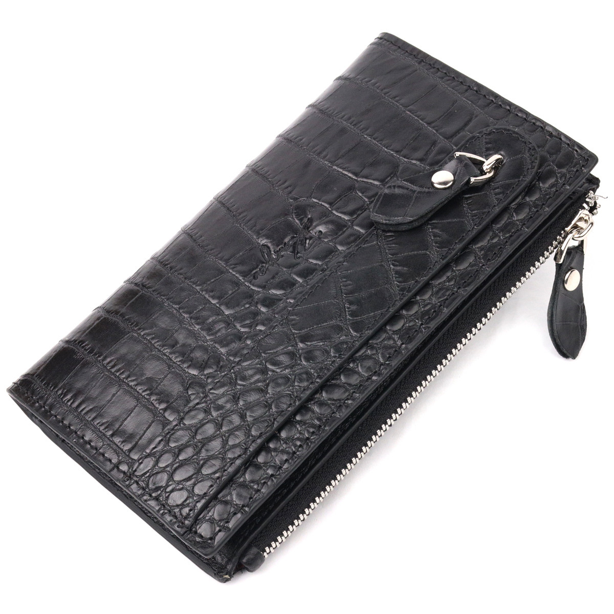 Оригінальний складаний гаманець із натуральної шкіри з тисненням під крокодила KARYA 21128 Чорний, фото 1
