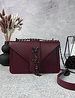 Женская кожаная сумка Yves Saint Laurent бордовая сумочка на цепочке YSL в подарочной упаковке