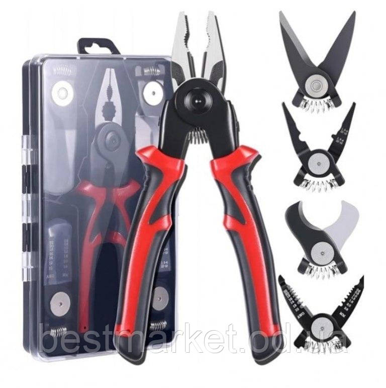 Плоскогубці 5 в 1 з насадками кусачки, бокоріз, стрипер і ножиці для металу Багатофункціональні плоскогубці, фото 1