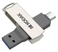 USB 3.2 + Type-C 2в1 USB-Флешка з Металу Kodak 64ГБ OTG Флешка для Комп'ютера Cмартфона Планшета |Gray|