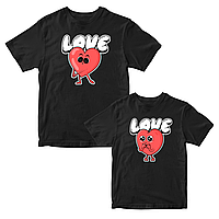Парные чорные футболки для влюбленных с принтом "Love. Два сердца. Влюбленные сердца" Push IT