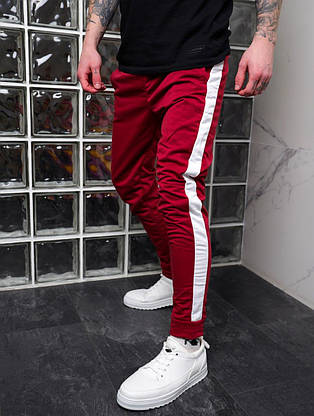 Чоловічі спортивні штани з лампасом на весну бордо-білого кольору з кишенями на манжеті штани стильні модні, фото 5