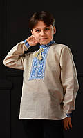 Рубашка из полульна для мальчика, с вышивкой голубого цвета, украинская вышиванка с длинным рукавом 116
