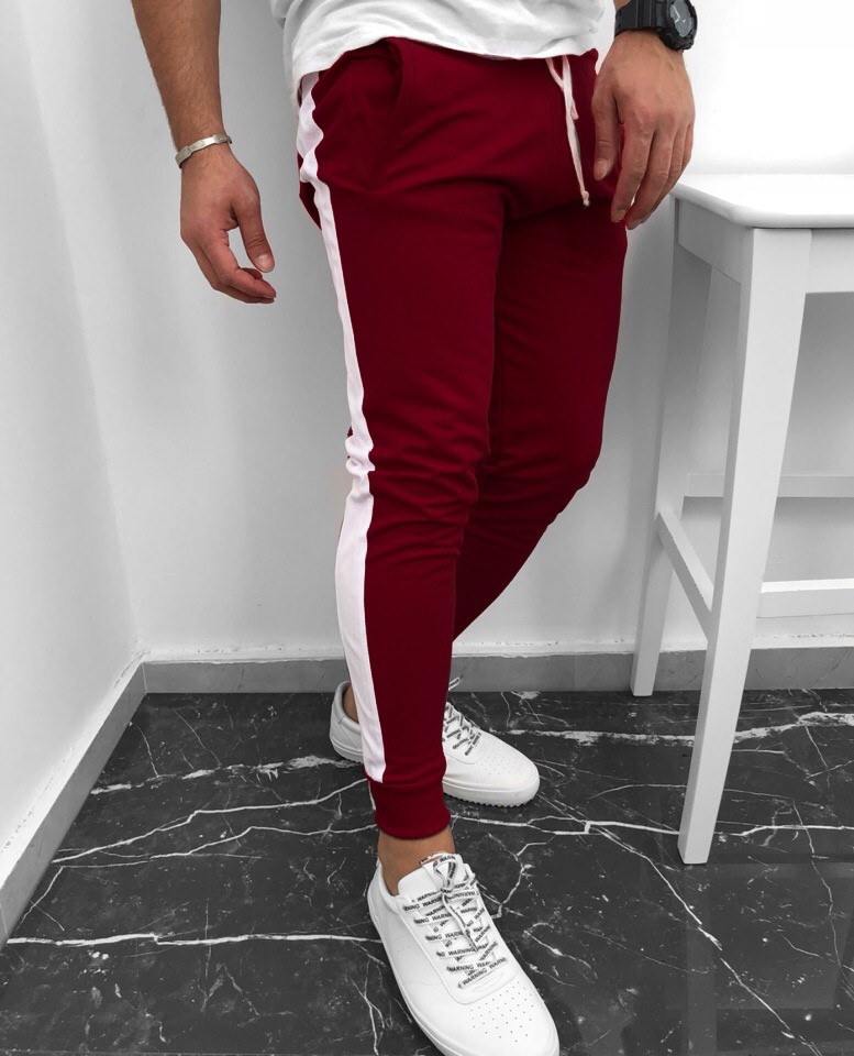 Чоловічі спортивні штани з лампасом на весну бордо-білого кольору з кишенями на манжеті штани стильні модні