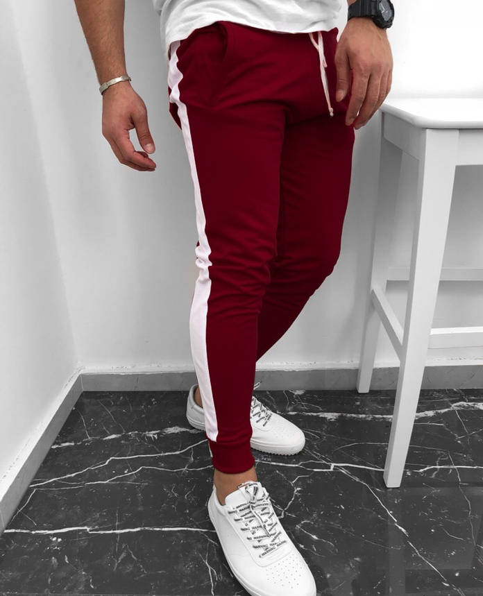 Чоловічі спортивні штани з лампасом на весну бордо-білого кольору з кишенями на манжеті штани стильні модні, фото 1
