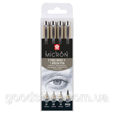 Лайнер Sakura Набір Pigma Micron 4 шт., (0.1/0.5/10/лінер-пензлик Pigma Brush), Сірий (8712079474294)