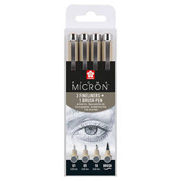 Лайнер Sakura Набір Pigma Micron 4 шт., (0.1/0.5/10/лінер-пензлик Pigma Brush), Сірий (8712079474294)