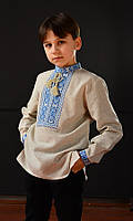 Рубашка из полульна для мальчика, с вышивкой голубого цвета, украинская вышиванка с длинным рукавом 134