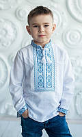Вишиванка дитяча з бавовни для хлопчика з блакитною вишивкою. Українська вишиванка з довгим рукавом