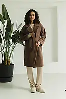 Кашемировое пальто женское демисезонное коричневое на подкладке с поясом до колен однотонное весеннее осеннее L-XL