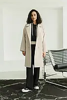 Кашемировое пальто женское демисезонное бежевое на подкладке с поясом до колен однотонное весеннее осеннее L-XL
