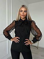 Женская базовая рубашка блуза базовая трендовая стильная сетка в горошек Черный