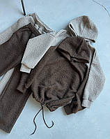 Женский теплый костюм из ткани барашек худи с капюшоном подол на затяжках