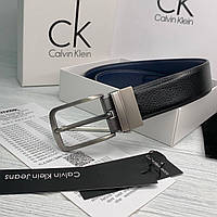 Кожаный двухсторонний ремень мужской Calvin Klein черный с синим брендовый в подарочной упаковке