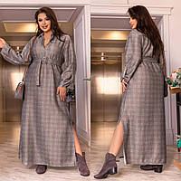 Женское серое длинное платье с поясом и разрезами батал