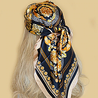 Женский платок бежевый, золотой, черный, легкий шарф, шелковый платок на голову, бандана 90 см
