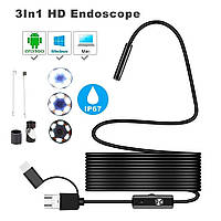 Эндоскоп Бороскоп Гнучка камера Endoscope (1м 7мм) під Android (USB Type C MicroUSB ) 3 в 1