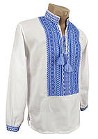 Украинская мужская вышиванка белого цвета с тканой нашивкой Блакитний орнамент Код/Артикул 64 060233