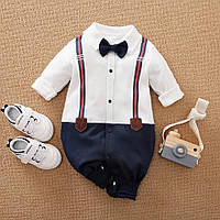 Детский нарядный костюм человечек для мальчиков, бело-синий праздничный ромпер для джентельмена