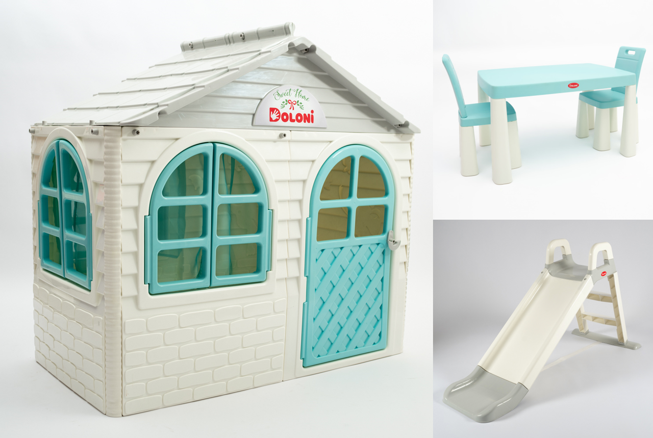 АКЦІЯ НАБІР Дитячий ігровий пластиковий будиночок зі шторками, пластикова гірка і столик зі стільцями ТМ Doloni, фото 1