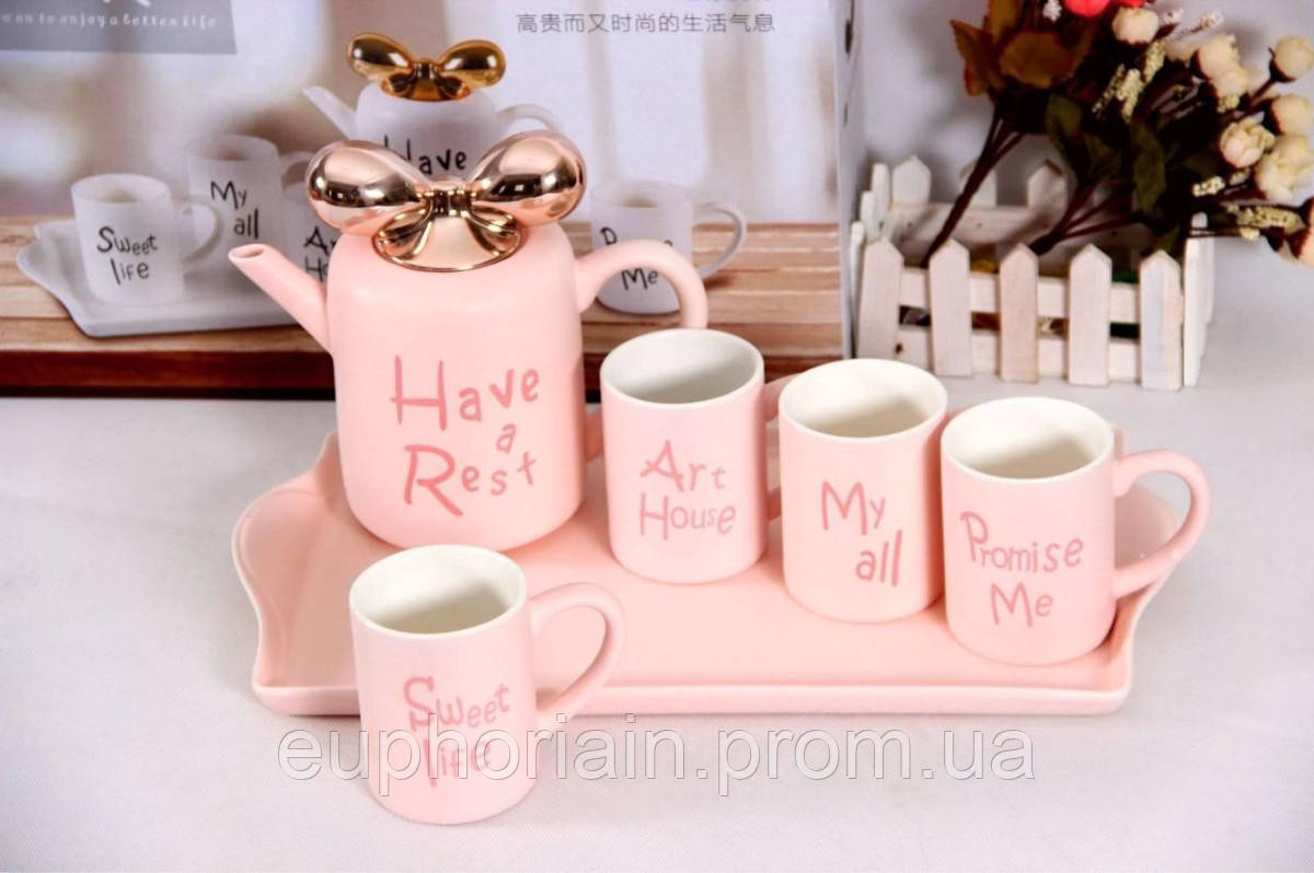 Чайный сервиз на подносе OLens Счастливая жизнь О-8030-50 6 предметов розовый Отличное качество - фото 4 - id-p2078618968
