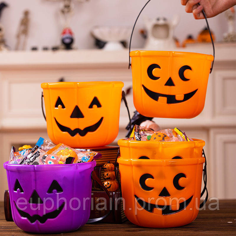Декор на Хеллоуин Ведро для конфет Тыква Улыбка 13624 18х18х14 см фиолетовое Отличное качество - фото 5 - id-p2078659537