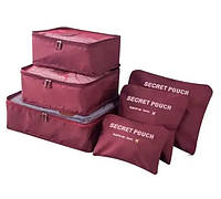 Набор дорожных сумок органайзеров Secret Pouch 6 штук Бордовые, чехлы мешки для хранения одежды в чемодане,