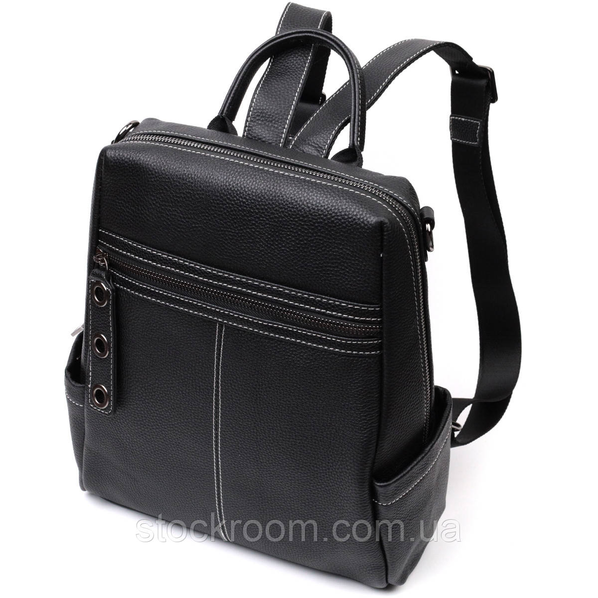 Місткий жіночий рюкзак-сумка прошитий білою строчкою з натуральної шкіри Vintage 22314 Чорний