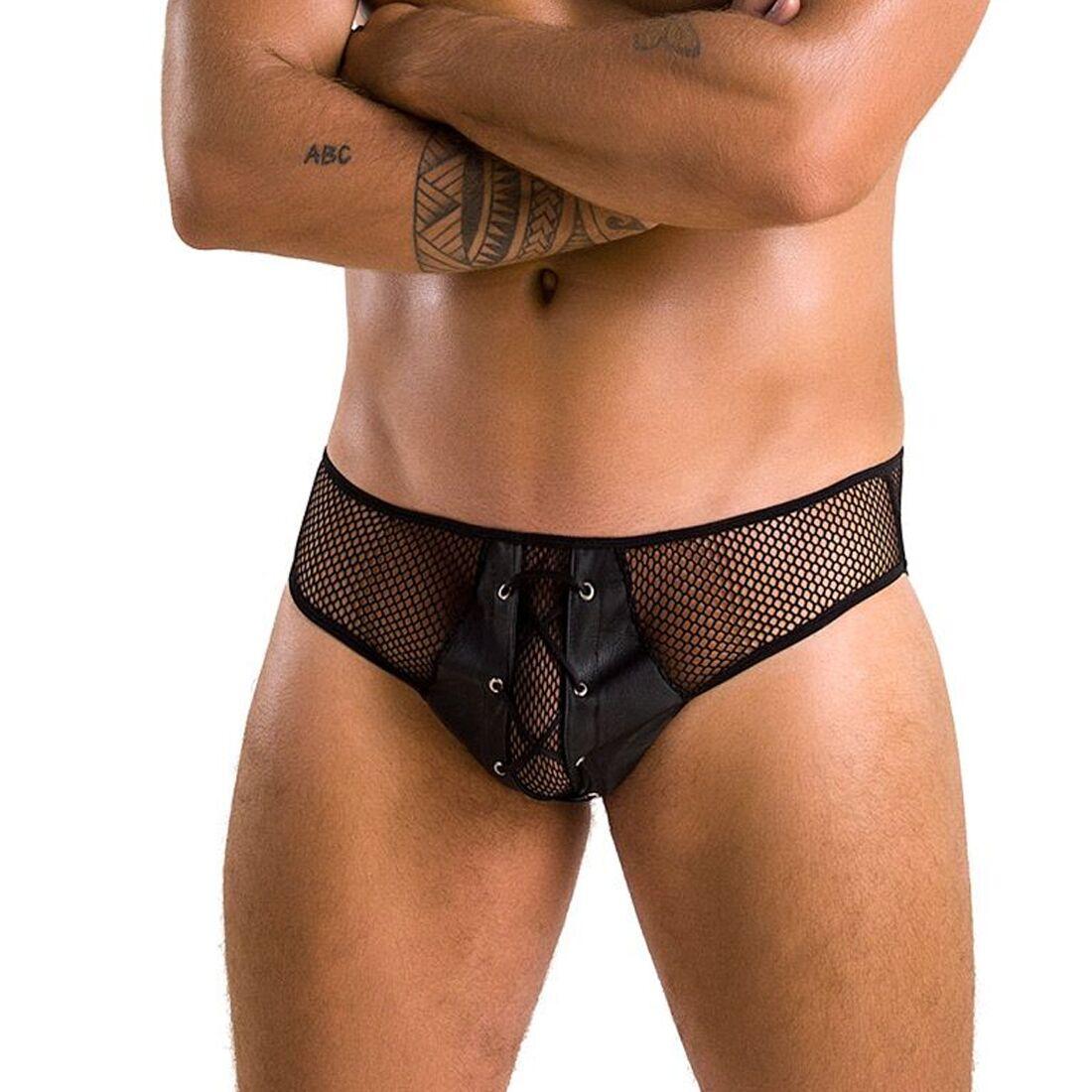 Чоловічі труси зі шнурівкою Passion 035 SLIP RICHARD S/M Black, екошкіра, сітка, фото 1
