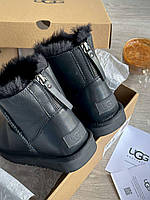 Женские ботинки UGG Mini ZIP Black Leather угги зимние