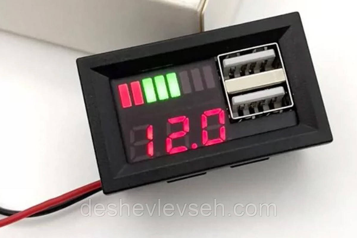 Вольтметр врізний 0.36 з індикуванням контролю АКБ + 2 порт USB 3.1 А, 92360, (EURO-SPORT)