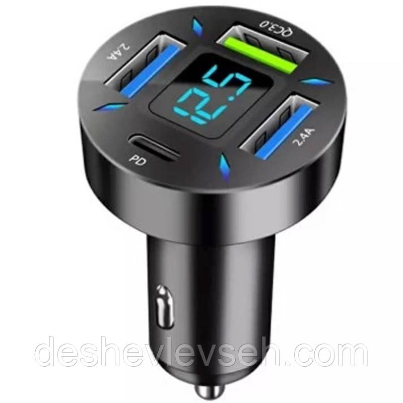 Вольтметр у прик. 12-24 V 0.28 4хUSB (2 порти — 2,4 А + QC 3.0 + PD) синій, 92386, (EURO-SPORT)
