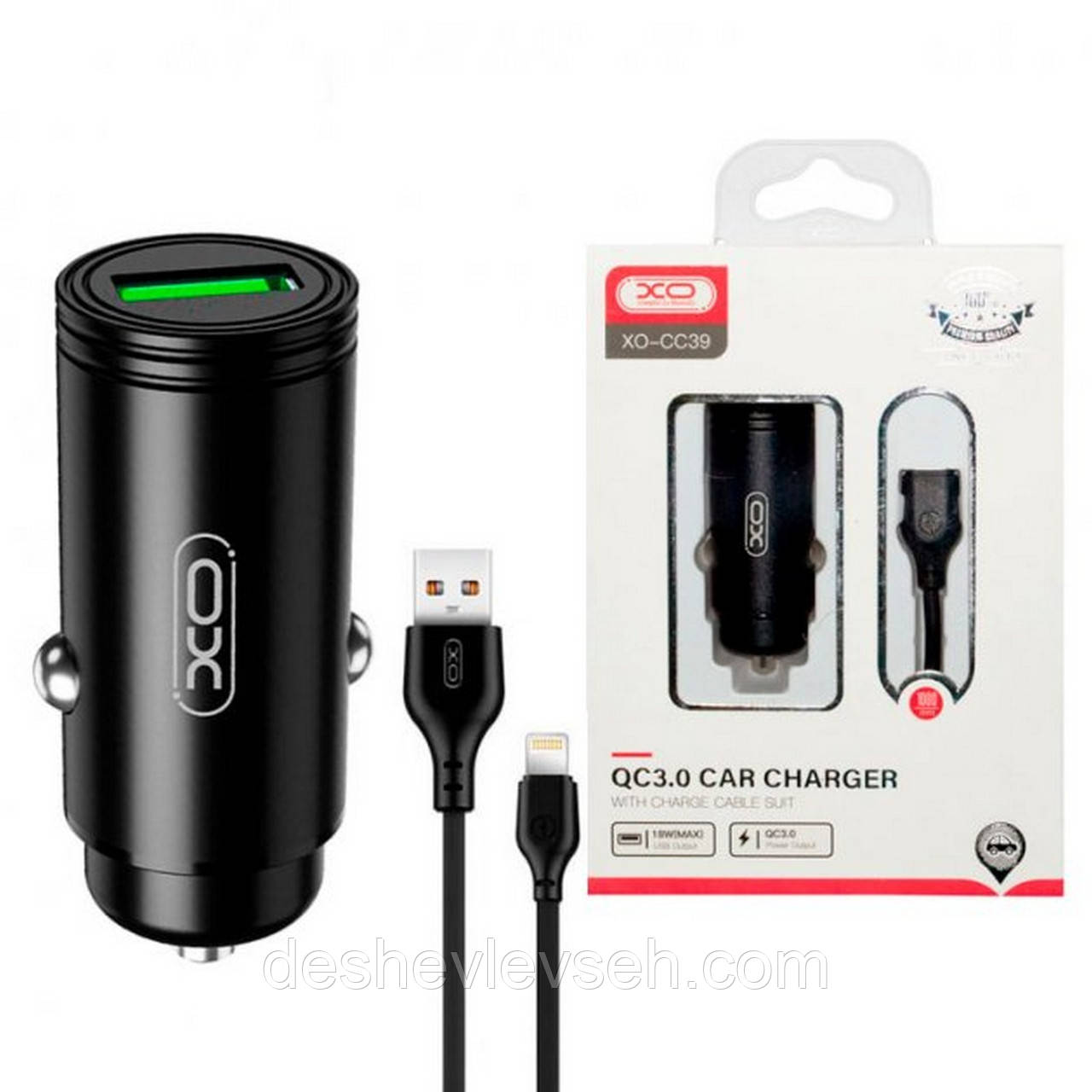 Зарядка для тіл. 1USB XO CC39 QC3.0 18W Car charger with Lightning suit Black (XO)