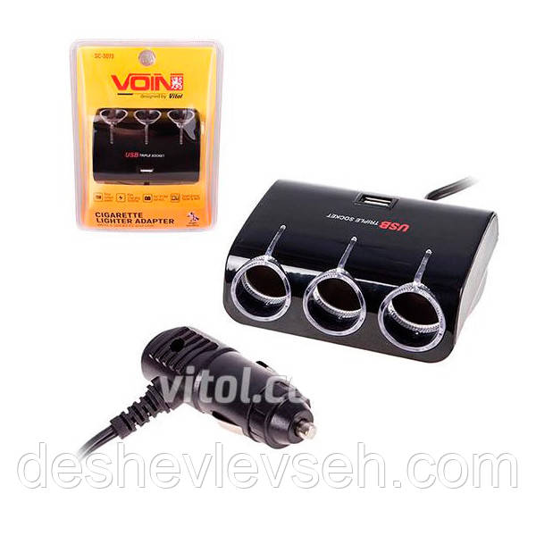 Прикурювач перехідник Voin 3 вих. + 1USB 1000mA 12/24V, SC-3073, (Vitol)