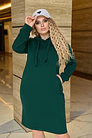 Женское платье худи теплое на флисе с Карманами + капюшон 42/44, Изумруд