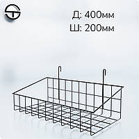 Кошик 400х200х80мм високий борт, на сітку торгову, чорний. Навісна полиця металева. Кошик дротяний