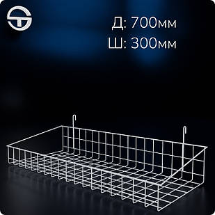 Кошик 700х300х80мм високий борт, на сітку торгову, біла. Навісна полиця металева. Кошик дротяний