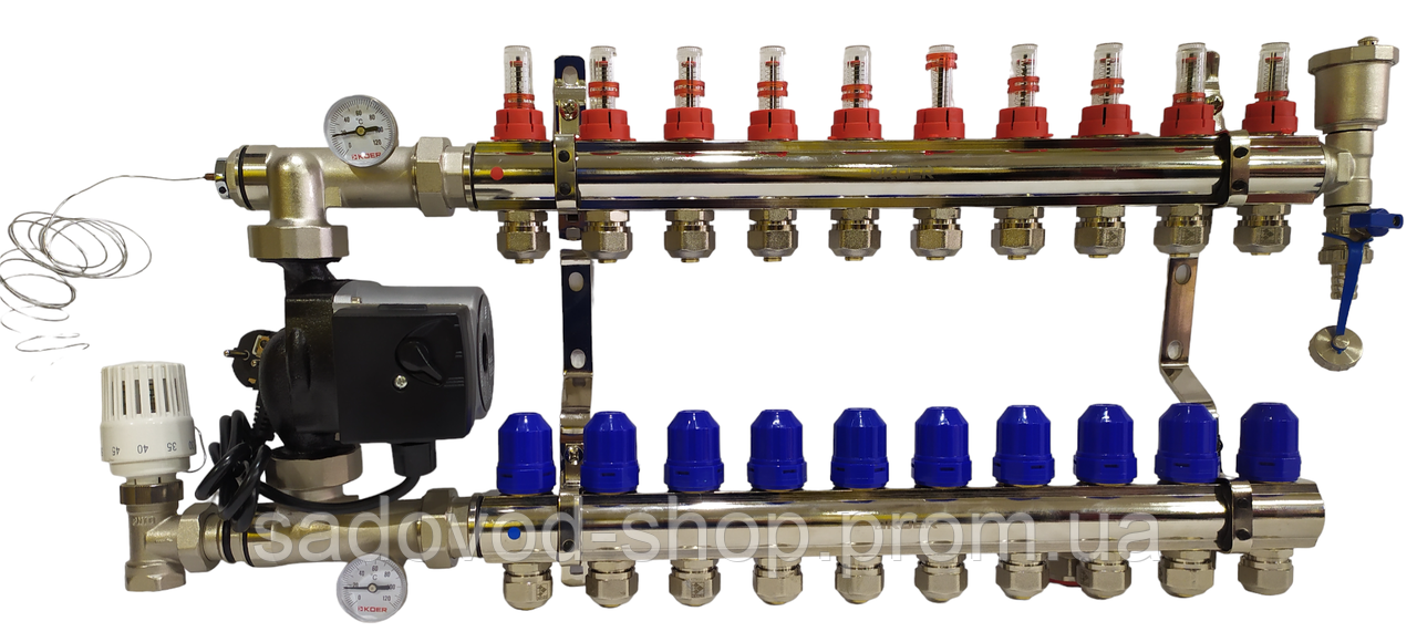 Колектор для теплої підлоги в складі на 10 контурів із насосом латунний "KOER"