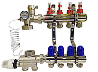 Колектор для теплої підлоги з нижнім під'єднанням у зборі на 4 контури "KOER" латунний.