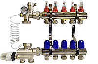 Коллектор для теплого пола с нижним подключением в сборе на 5 контуров "KOER" латунный.