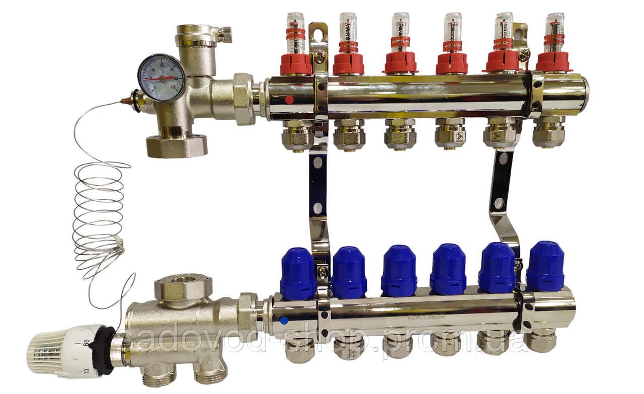 Колектор для теплої підлоги в зборі з нижнім підключенням на 6 контурів латунний "KOER"