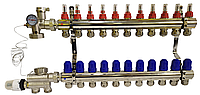 Колектор для теплої підлоги з нижнім під'єднанням у зборі на 11 контурів "KOER" латунний.