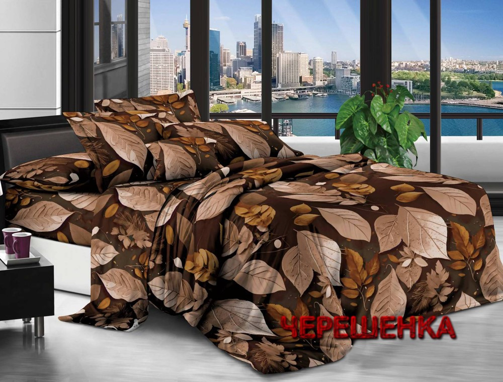 Коричнева щільна постільна тканина 220 см Полісатин 135 поліестер із принтом осіннє листя, у рулоні 60 м